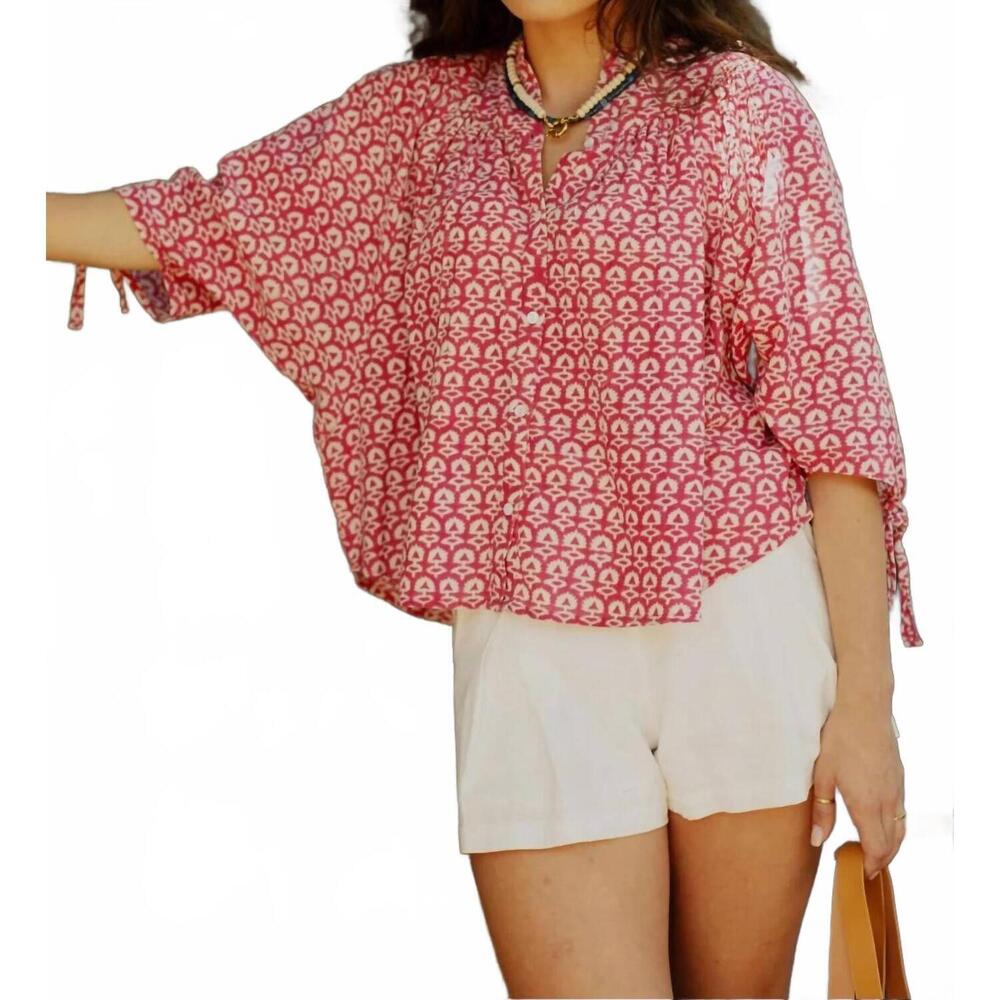 NEW EXVOTO blockprint fleur button front blouse in raspberry wine